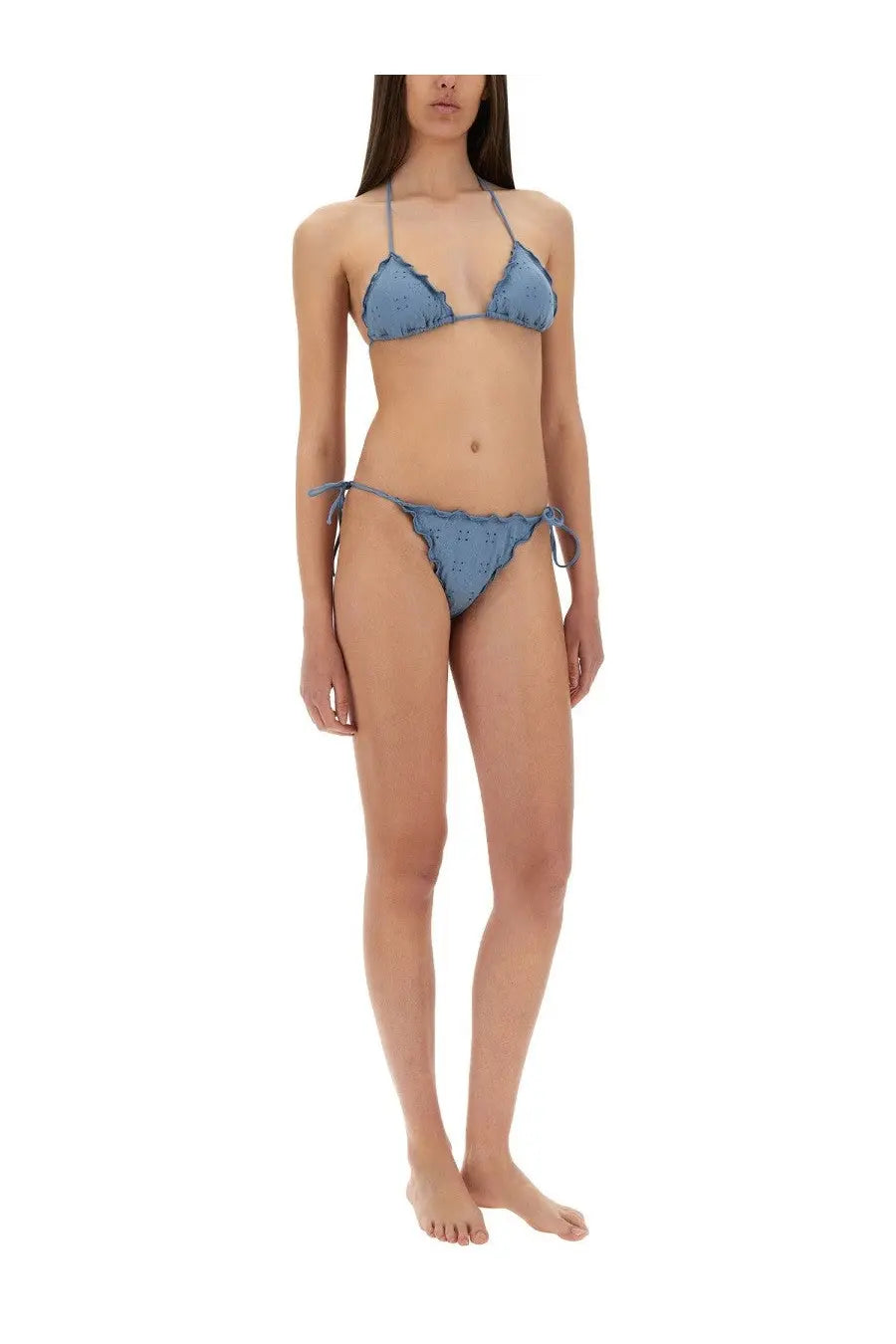 Denim blue triangle bikini set with ruffled edges and tie-side detailing from mc2 saint barth women’s sangallo sagittarius miami collection