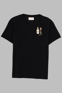 Mc2 Saint Barth women’s black short-sleeved t-shirt with embroidered champagne bottle and glass design on left chest