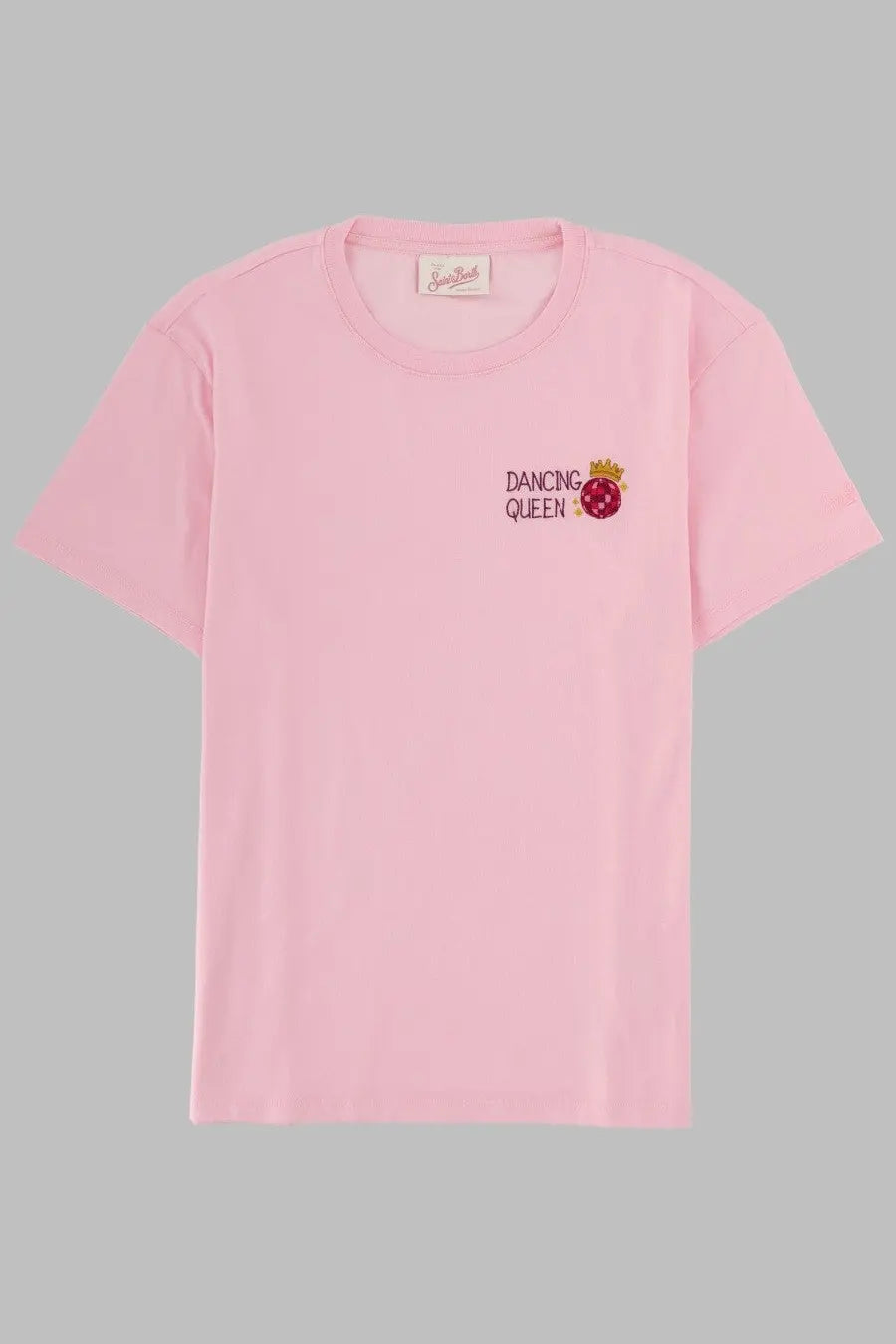 Pink cotton mc2 saint barth women’s t-shirt with dancing queen embroidery and raspberry emblem with gold crown
