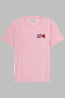 Pink cotton mc2 saint barth women’s t-shirt with dancing queen embroidery and raspberry emblem with gold crown