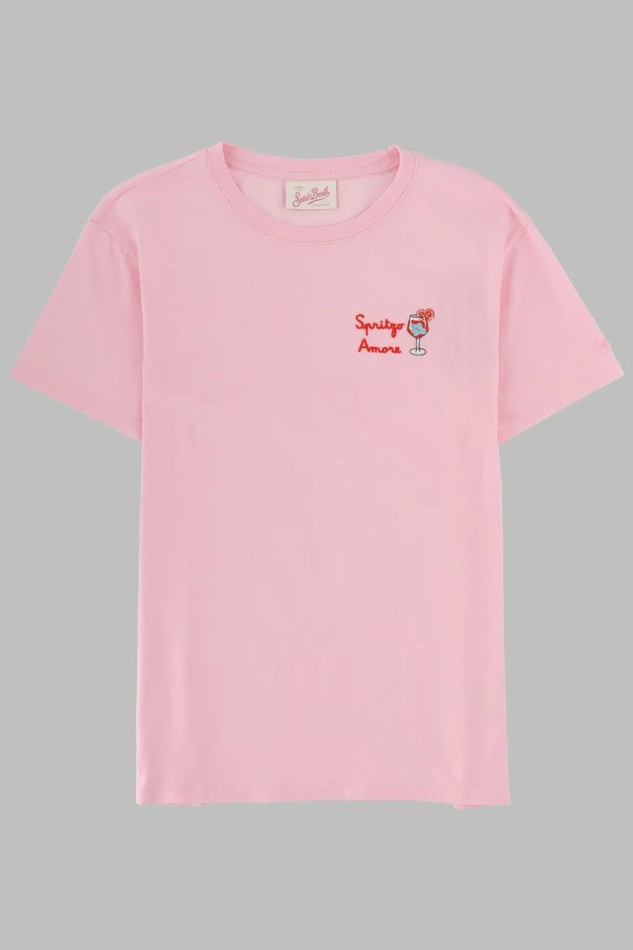 Mc2 Saint Barth women’s soft pink cotton t-shirt with small embroidered cocktail glass and spring amore text
