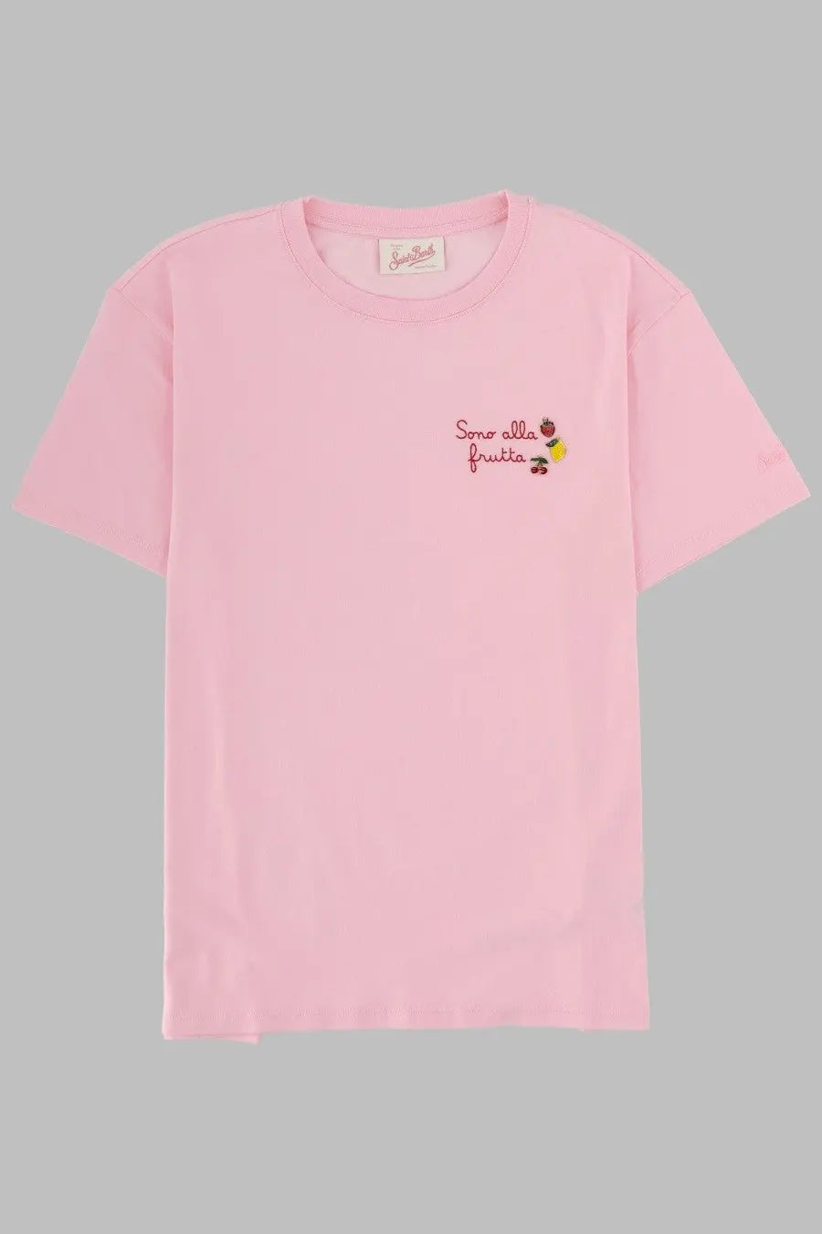 Mc2 Saint Barth women’s soft pink short-sleeved shirt with embroidered cartoon holding fruit and sono alla frutta text