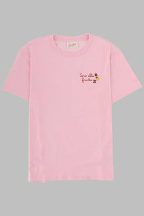 Mc2 Saint Barth women’s soft pink short-sleeved shirt with embroidered cartoon holding fruit and sono alla frutta text