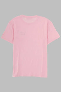 Soft pink short sleeved t shirt showing back with subtle adidas logo from mc2 saint barth women’s shirt emilie blue