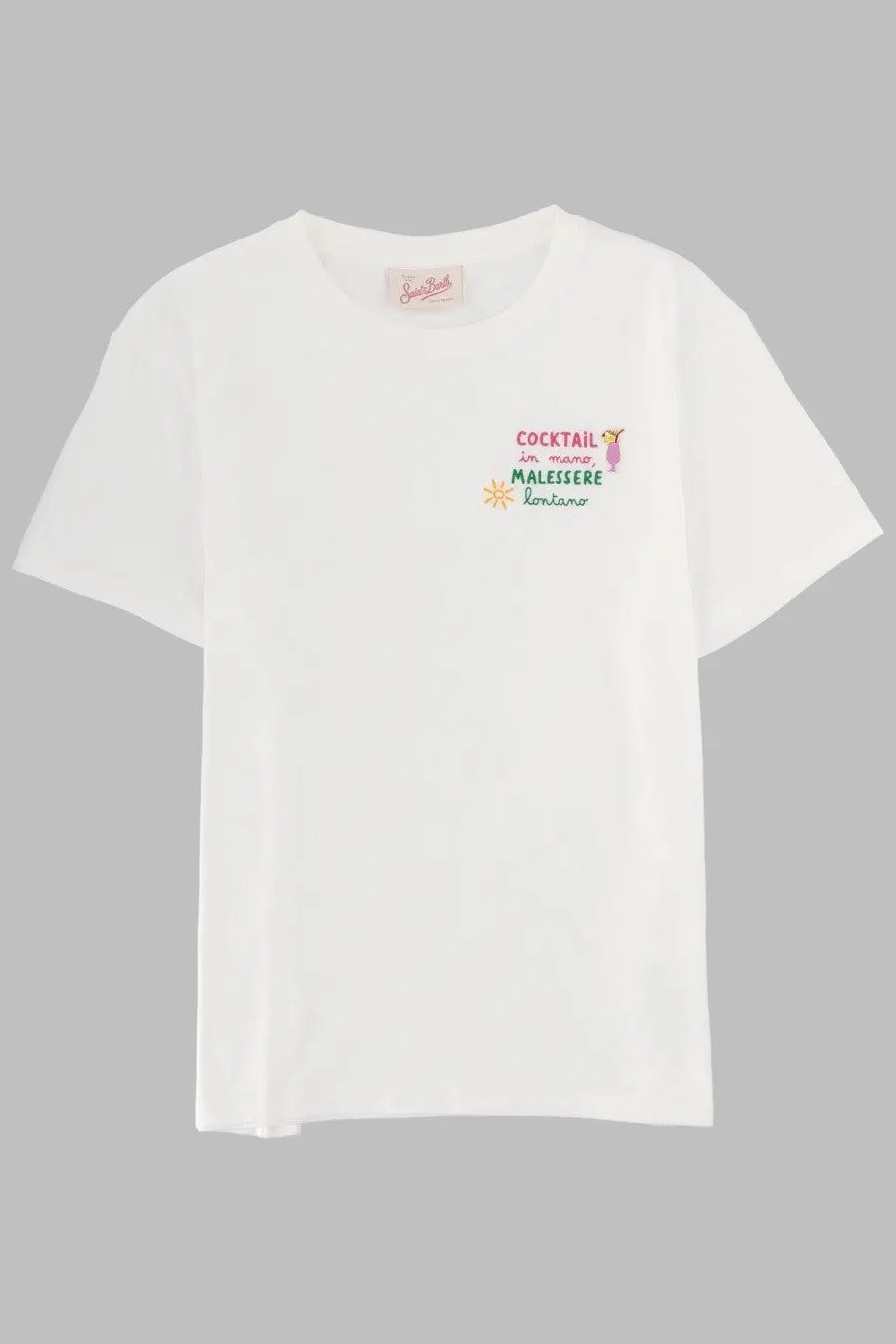 Mc2 Saint Barth women’s white cotton t-shirt with colorful embroidered graphic on left chest featuring text and illustrations