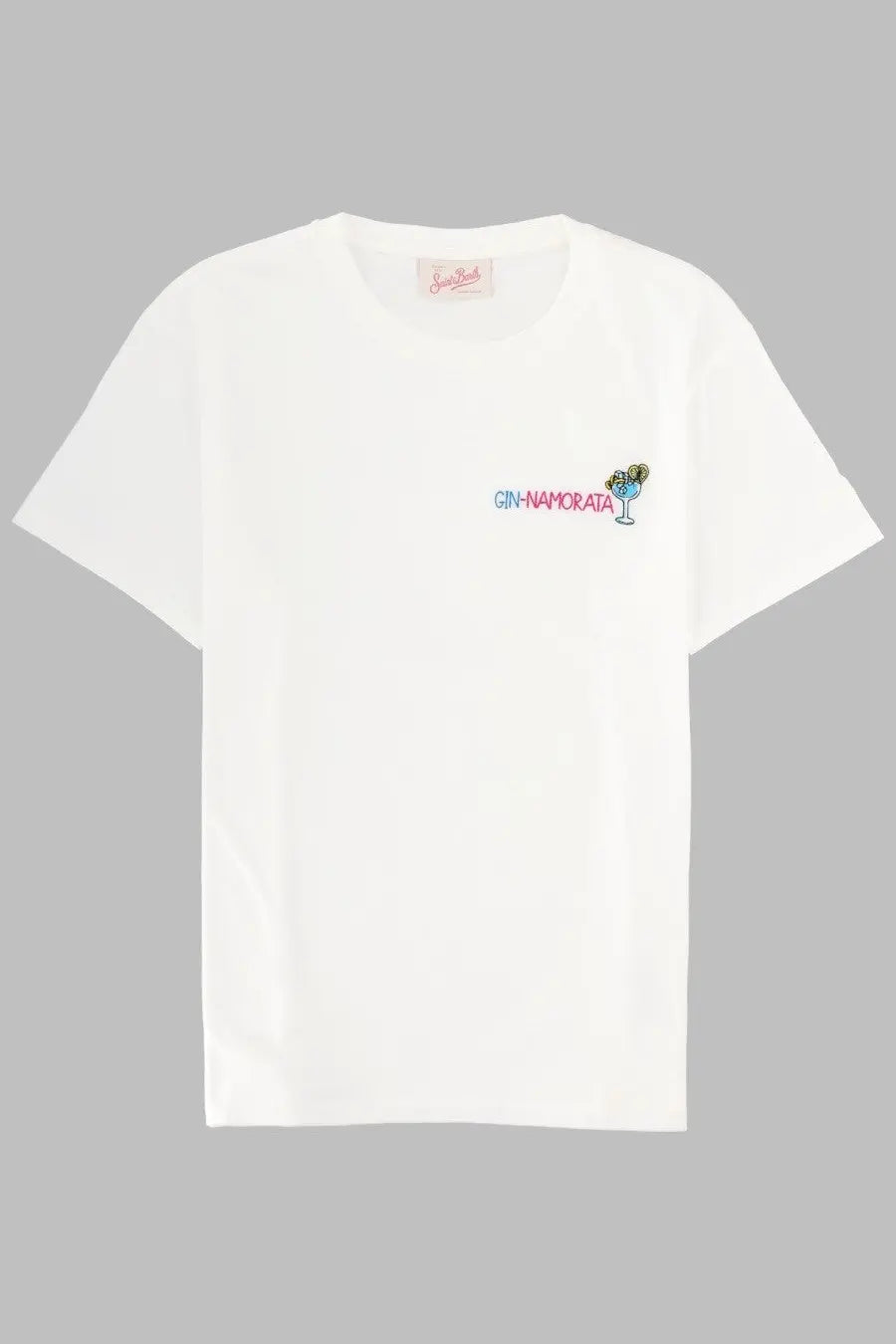 White cotton t-shirt with colorful embroidered gin namorata cocktail glass design on left chest by mc2 saint barth