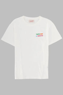 White cotton Mc2 Saint Barth women’s t-shirt with colorful embroidered phrase on the left chest