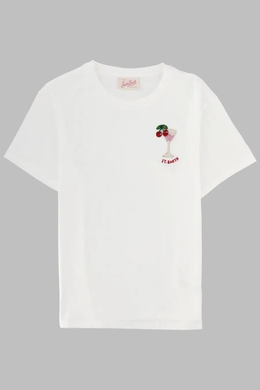 White cotton t-shirt by Mc2 Saint Barth featuring delicate embroidered cherries in a martini glass design
