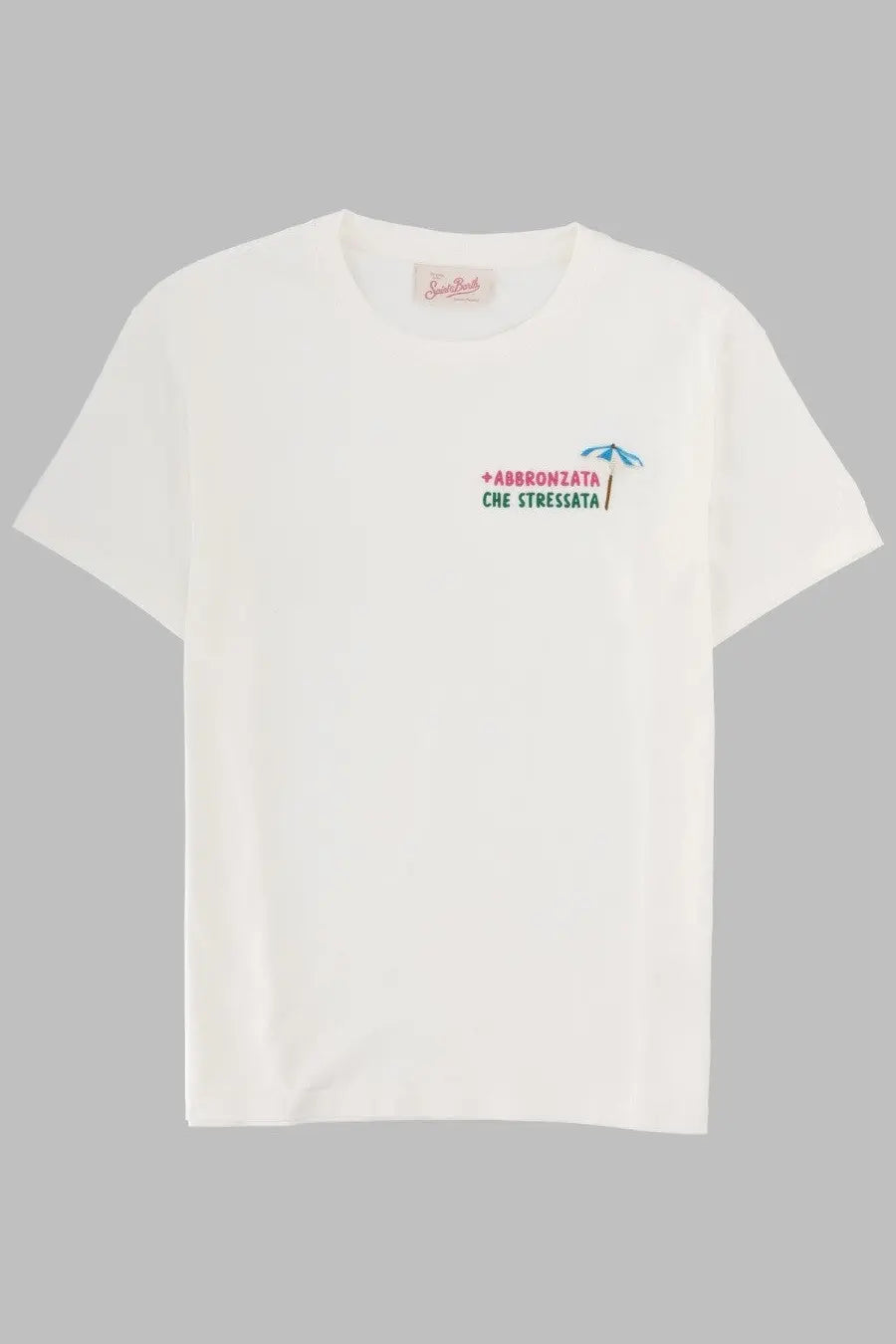 White cotton t-shirt by mc2 saint barth with small pink and green embroidered graphic and blue umbrella detail