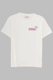 White cotton t-shirt by mc2 saint barth with small pink and green embroidered graphic and blue umbrella detail