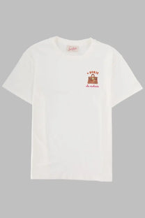 White cotton t-shirt by mc2 saint barth with embroidered handbag graphic and borse de cocktails text in red and brown thread