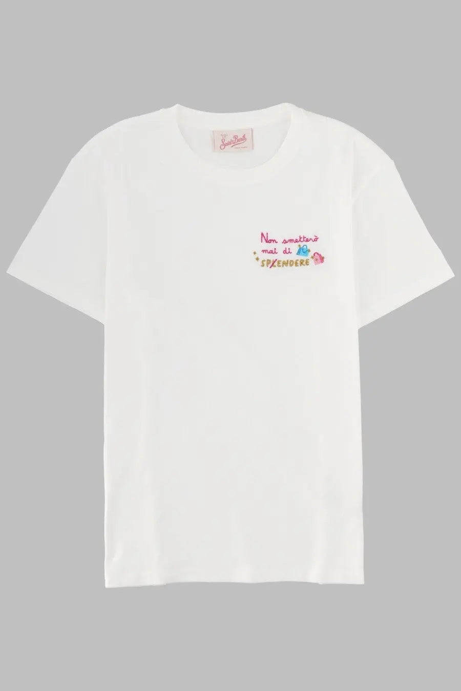 White cotton Mc2 Saint Barth women’s t-shirt with small colorful embroidered text and two tiny cartoon characters on chest