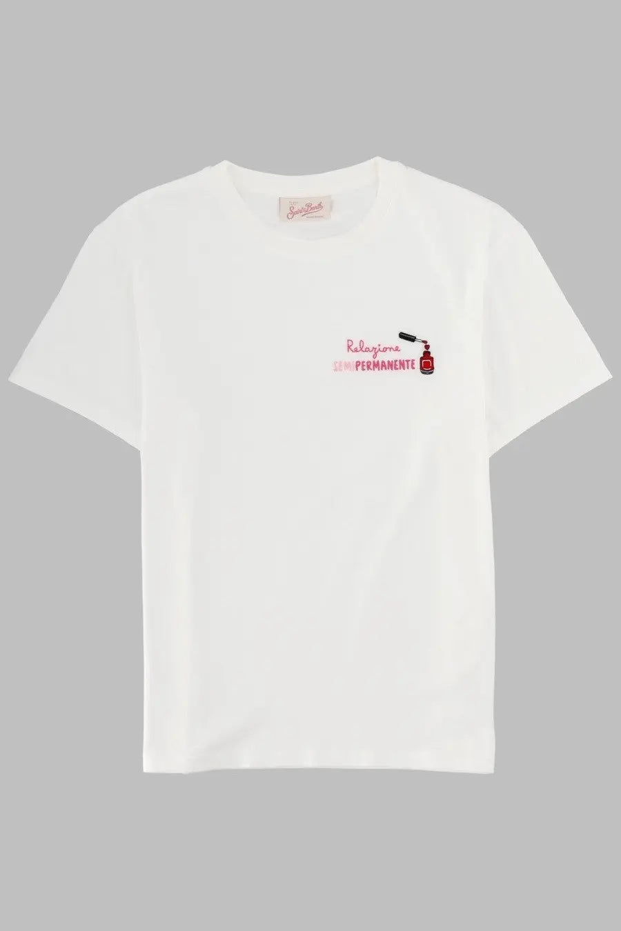 White cotton mc2 saint barth women’s shirt emilie with red nail polish bottle embroidery and relaxation permanente text