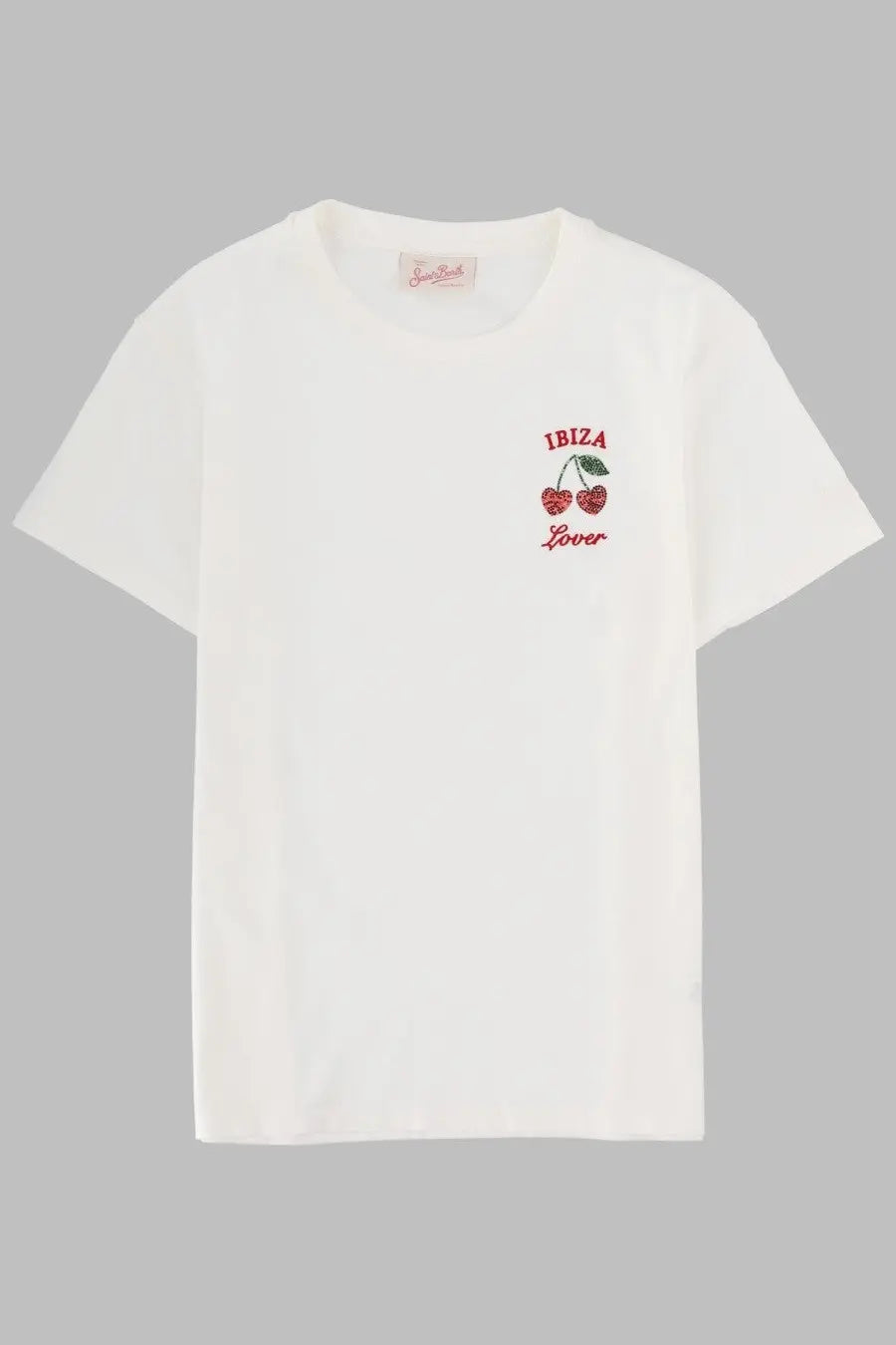 Mc2 Saint Barth women’s white cotton t-shirt featuring embroidered red cherries and ibiza lover text on the chest