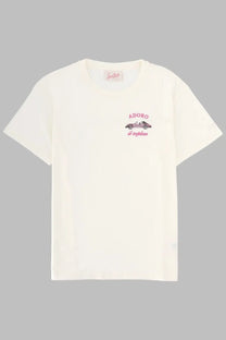 Mc2 Saint Barth women’s cream short-sleeved cotton t-shirt with pink vintage car embroidery and adoro il semplice text