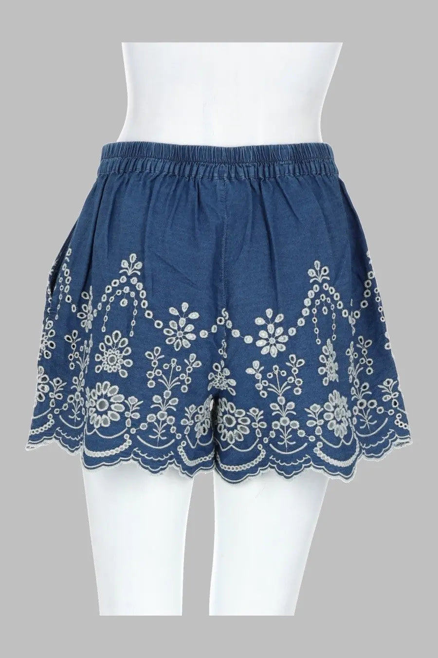 Mc2 Saint Barth women’s blue denim shorts in chambray with white floral embroidery and scalloped hem detailing