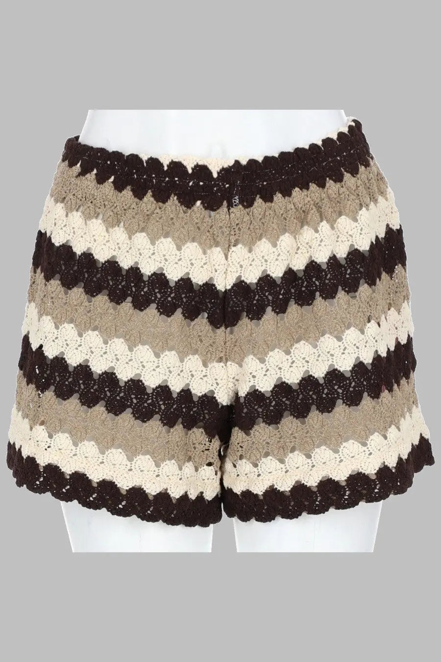 Mc2 saint barth women’s shorts in beige cotone crochet with brown and cream stripes and scalloped edges
