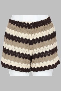 Mc2 saint barth women’s shorts in beige cotone crochet with brown and cream stripes and scalloped edges