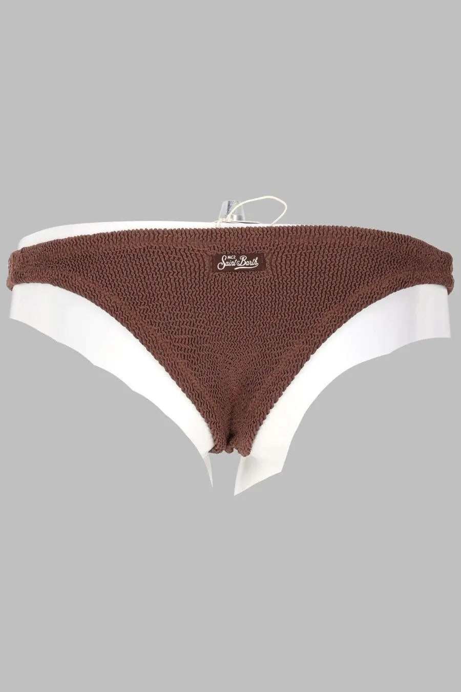 Brown knitted cheeky bikini bottom with white trim and saint laurent label from mc2 saint barth women