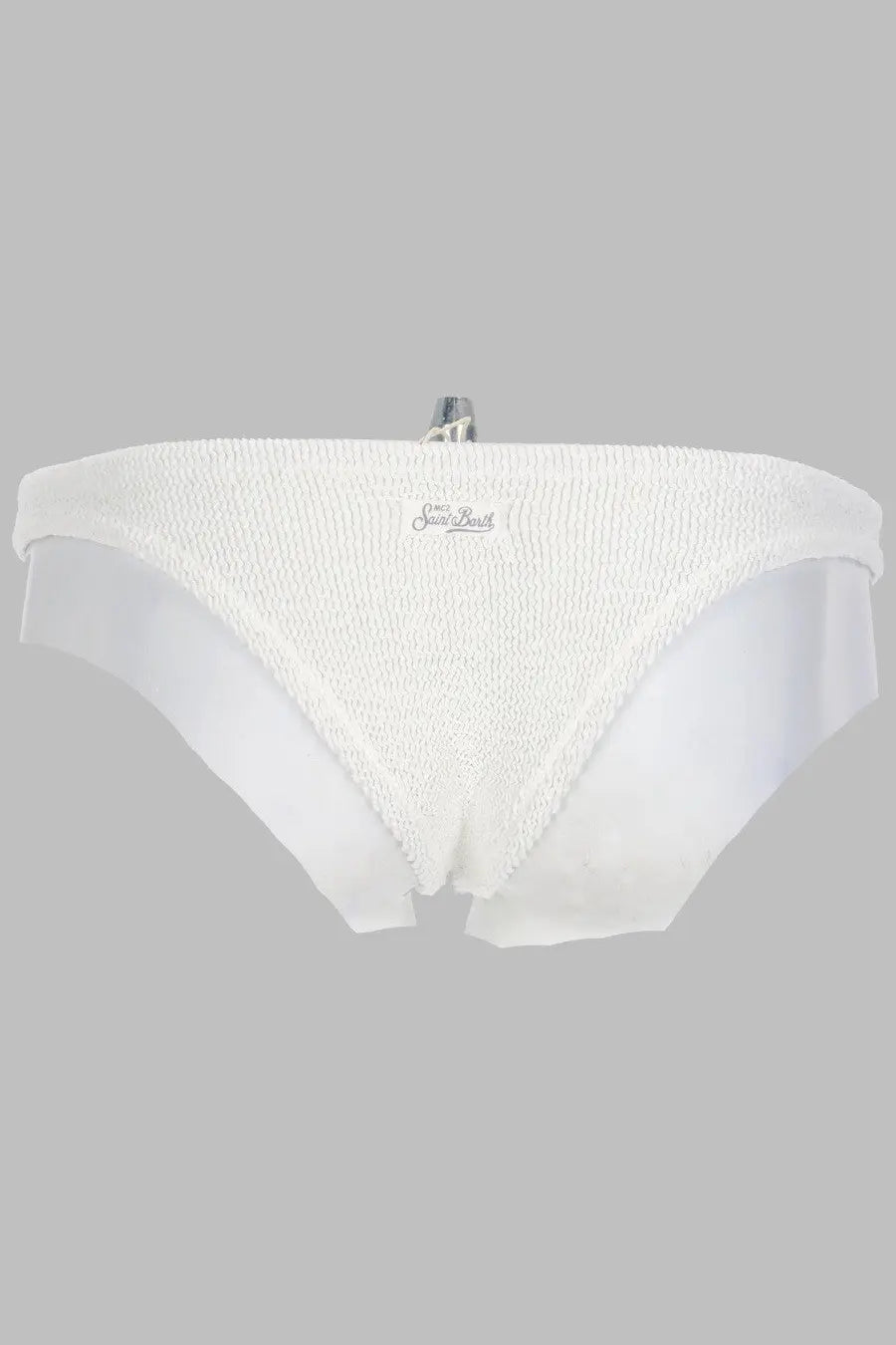 White textured slip bikini cheeky bottom by mc2 saint barth with subtle logo embroidered on the front
