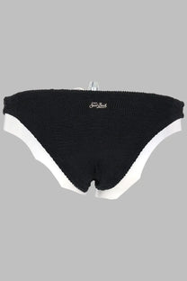 Black knitted bikini bottom with white trim and saint barth logo on waistband from mc2 saint barth slip bikini crinkle elise collection