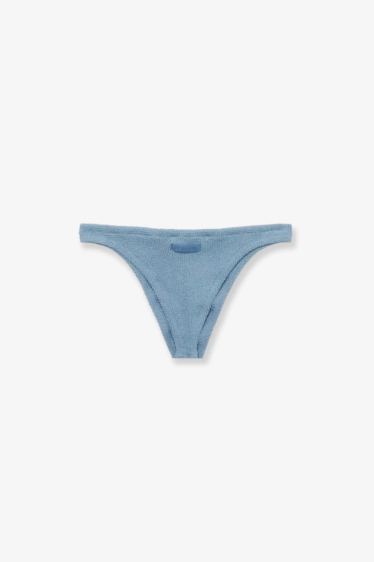 Light blue textured stretch nylon thong bikini bottoms by Mc2 Saint Barth with a small rectangular waistband tag