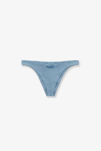 Light blue textured stretch nylon thong bikini bottoms by Mc2 Saint Barth with a small rectangular waistband tag