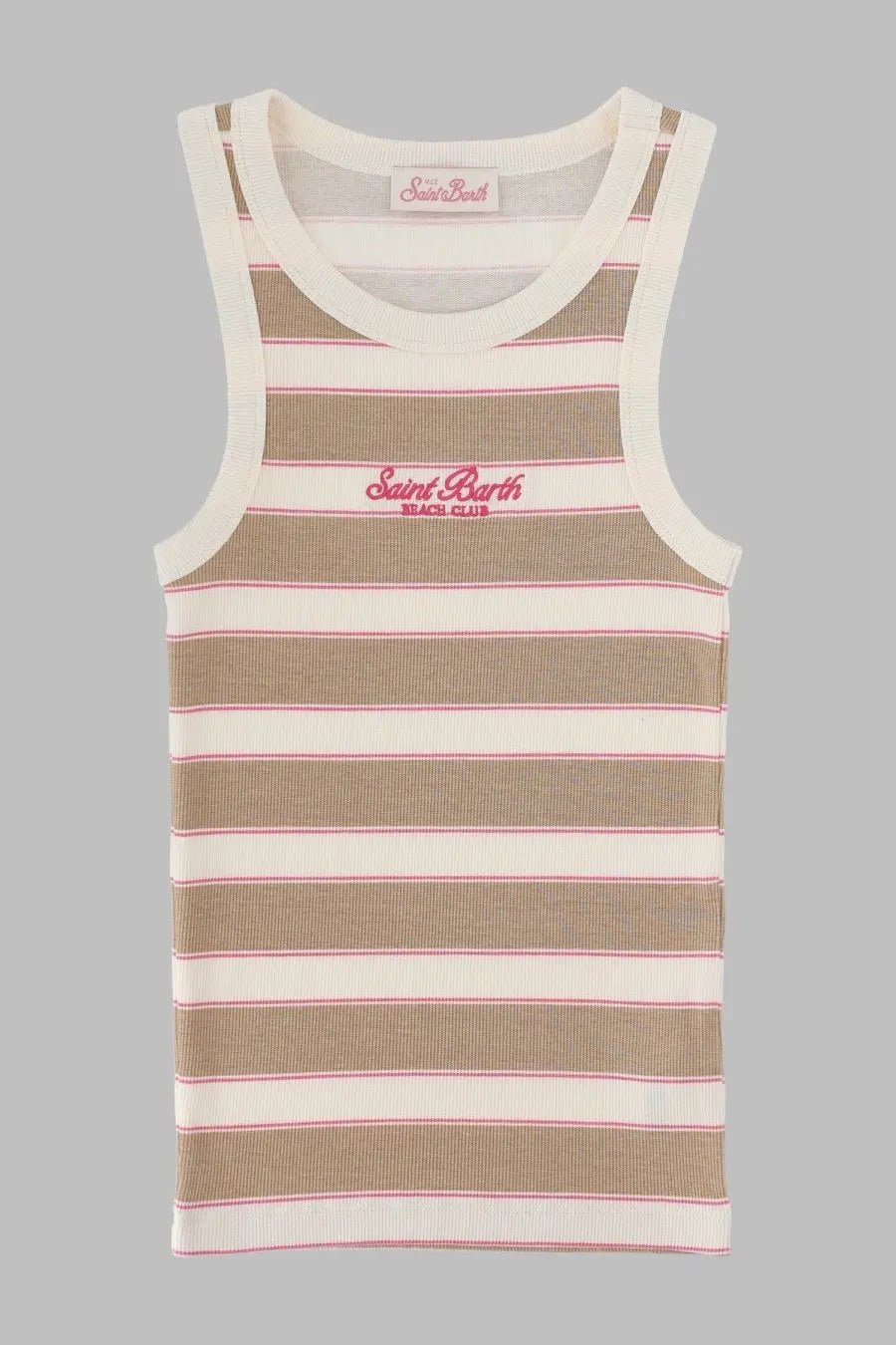 Mc2 Saint Barth women’s ribbed tank top in beige and white stripes with pink trim and red saint barth beach club logo