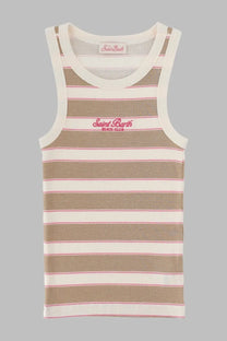 Mc2 Saint Barth women’s ribbed tank top in beige and white stripes with pink trim and red saint barth beach club logo