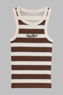 Mc2 Saint Barth women’s brown and cream striped ribbed tank top with embroidered Saint Barth Beach Club logo