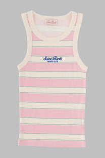 Mc2 Saint Barth women’s ribbed tank top in pink and white stripes with blue embroidered Saint Barth Beach Club logo