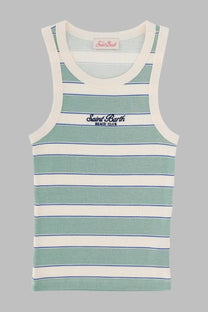 Mc2 Saint Barth women’s ribbed tank top with horizontal mint green and off-white stripes and navy logo embroidery