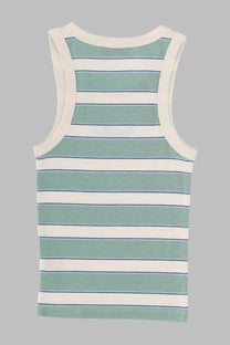 Mc2 Saint Barth women’s sleeveless tank top with mint green cream stripes and thin navy blue lines in soft fabric