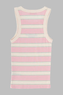 Mc2 Saint Barth women’s tank top Ada con multicolor in soft pink and cream ribbed fabric with green accent lines