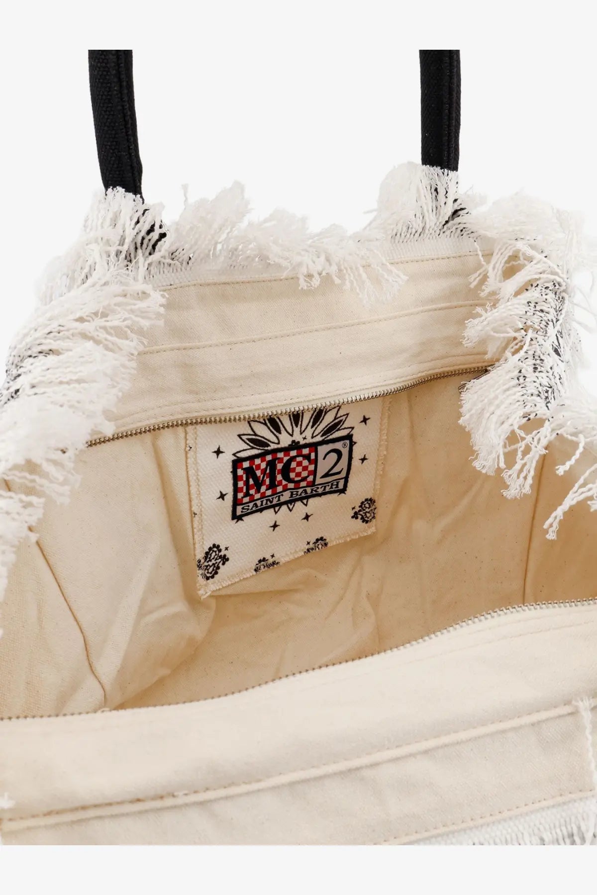 Cream-colored canvas tote bag with black handles and white frayed edges by Mc2 Saint Barth women’s vanity shoulder bag black