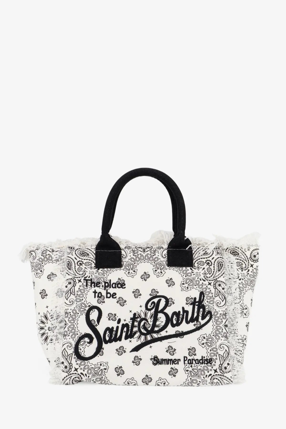 White canvas beach tote bag with black paisley pattern Saint Barth logo summer paradise text and black handles