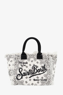 White canvas beach tote bag with black paisley pattern Saint Barth logo summer paradise text and black handles