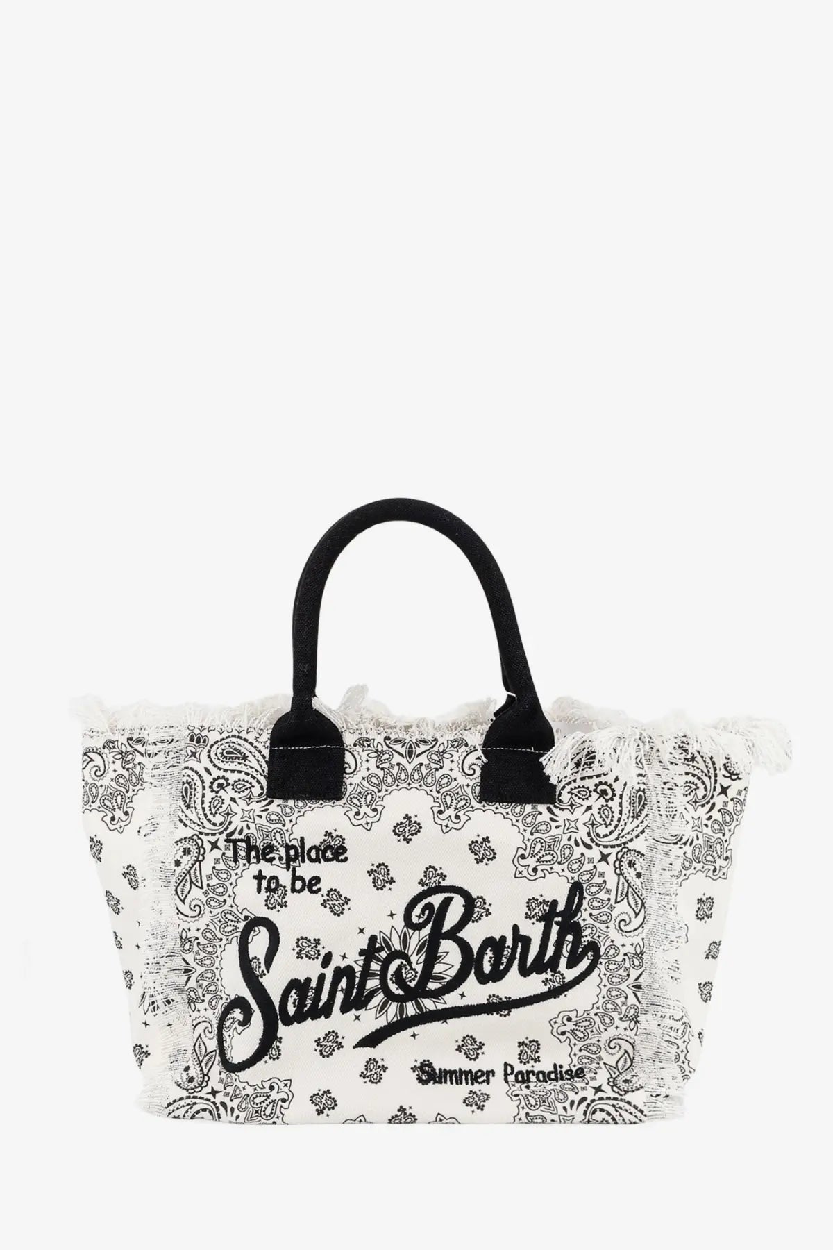 Mc2 Saint Barth women’s vanity canvas shoulder bag in black with white canvas, black paisley pattern, frayed edges, and black handles