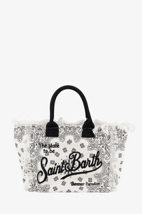 Mc2 Saint Barth women’s vanity canvas shoulder bag in black with white canvas, black paisley pattern, frayed edges, and black handles