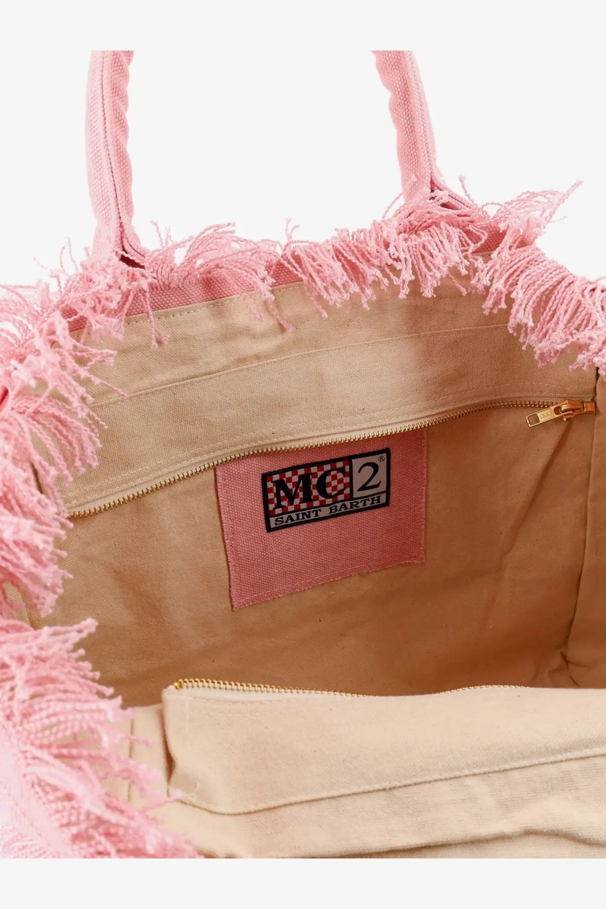 Pink frayed canvas tote bag with beige interior and gold zipper from mc2 saint barth womens vanity canvas shoulder bag blue