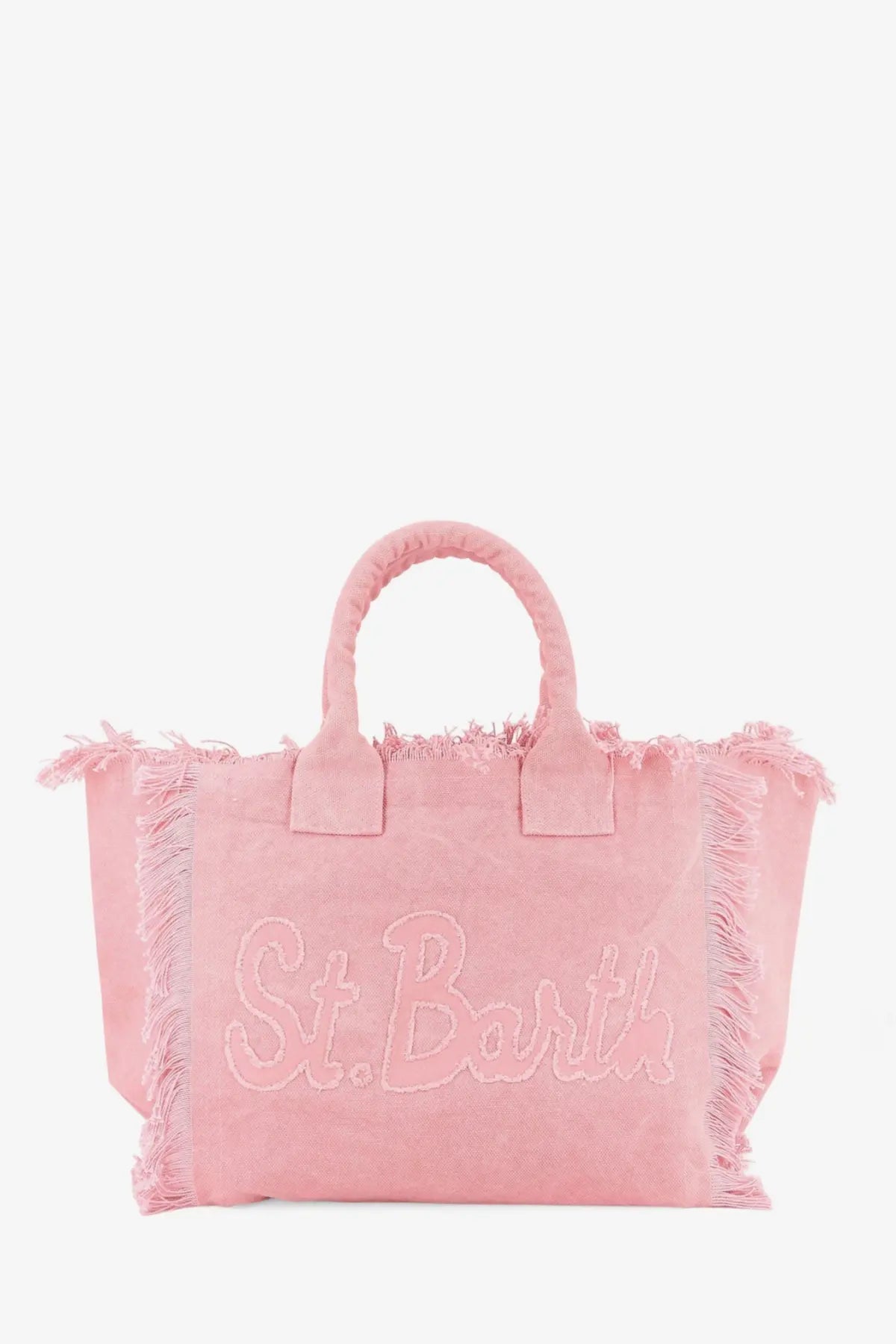 Pink Mc2 Saint Barth women’s canvas shoulder bag with frayed edges and embroidered st detail