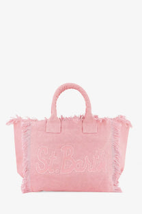 Pink Mc2 Saint Barth women’s canvas shoulder bag with frayed edges and embroidered st detail