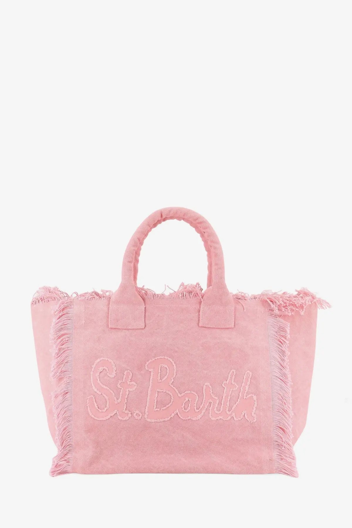 Pink canvas tote bag with frayed edges and embroidered st from mc2 saint barth women’s vanity canvas shoulder bag blue collection