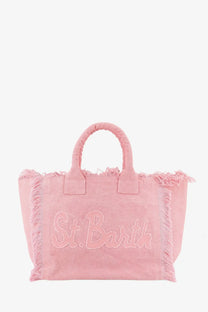 Pink canvas tote bag with frayed edges and embroidered st from mc2 saint barth women’s vanity canvas shoulder bag blue collection