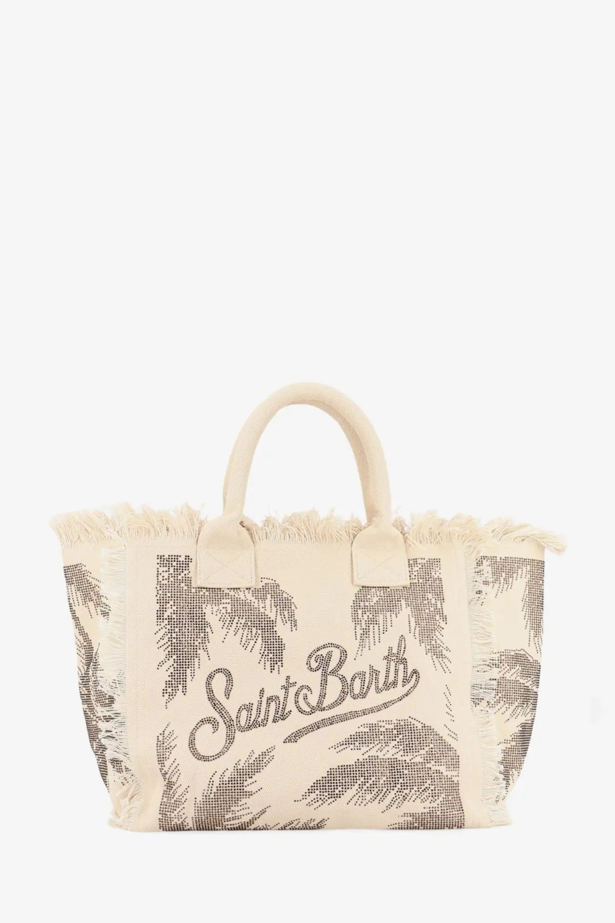 Beige canvas shoulder bag with frayed edges and black embroidery over palm tree pattern by mc2 saint barth