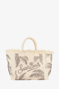 Beige canvas shoulder bag with frayed edges and black embroidery over palm tree pattern by mc2 saint barth