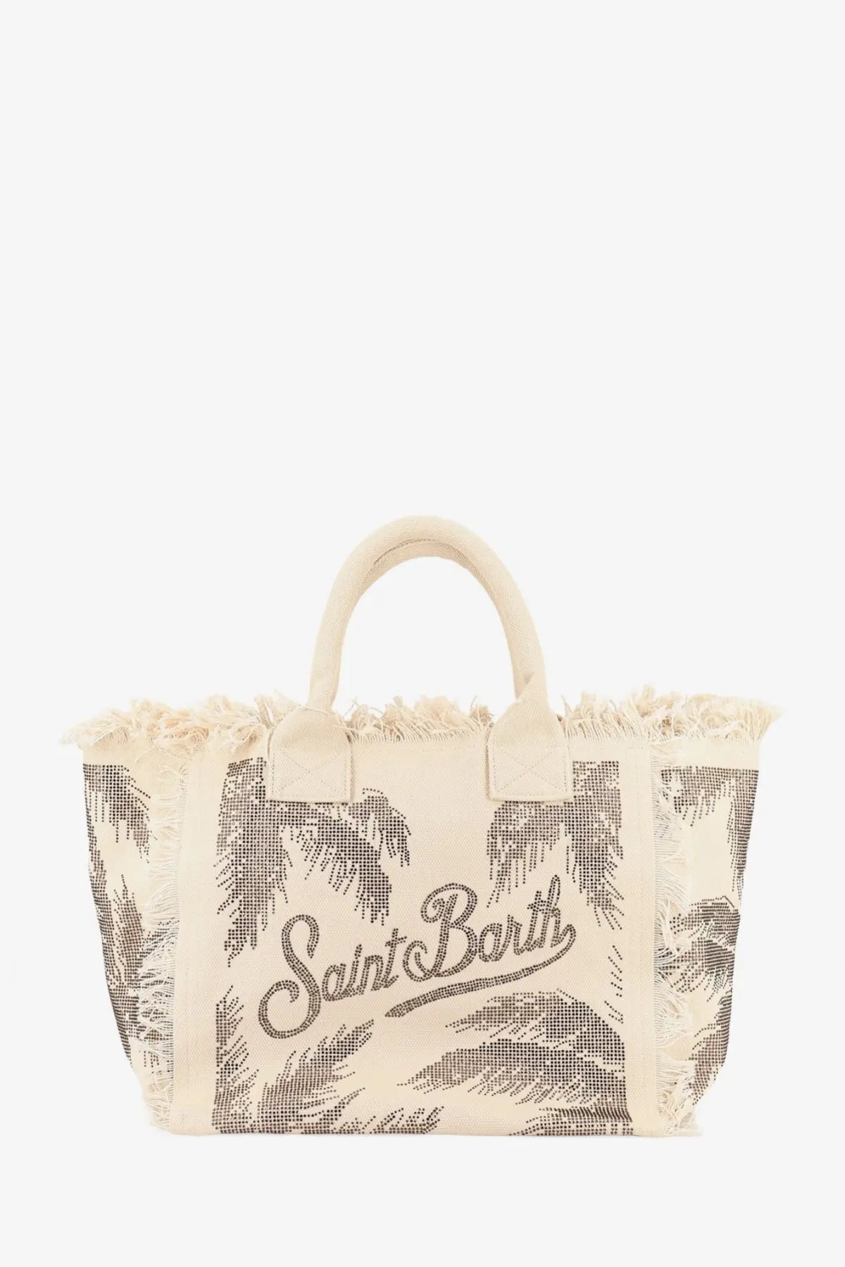 Beige canvas tote bag with frayed edges and black palm tree print featuring Saint Barth logo in cursive script