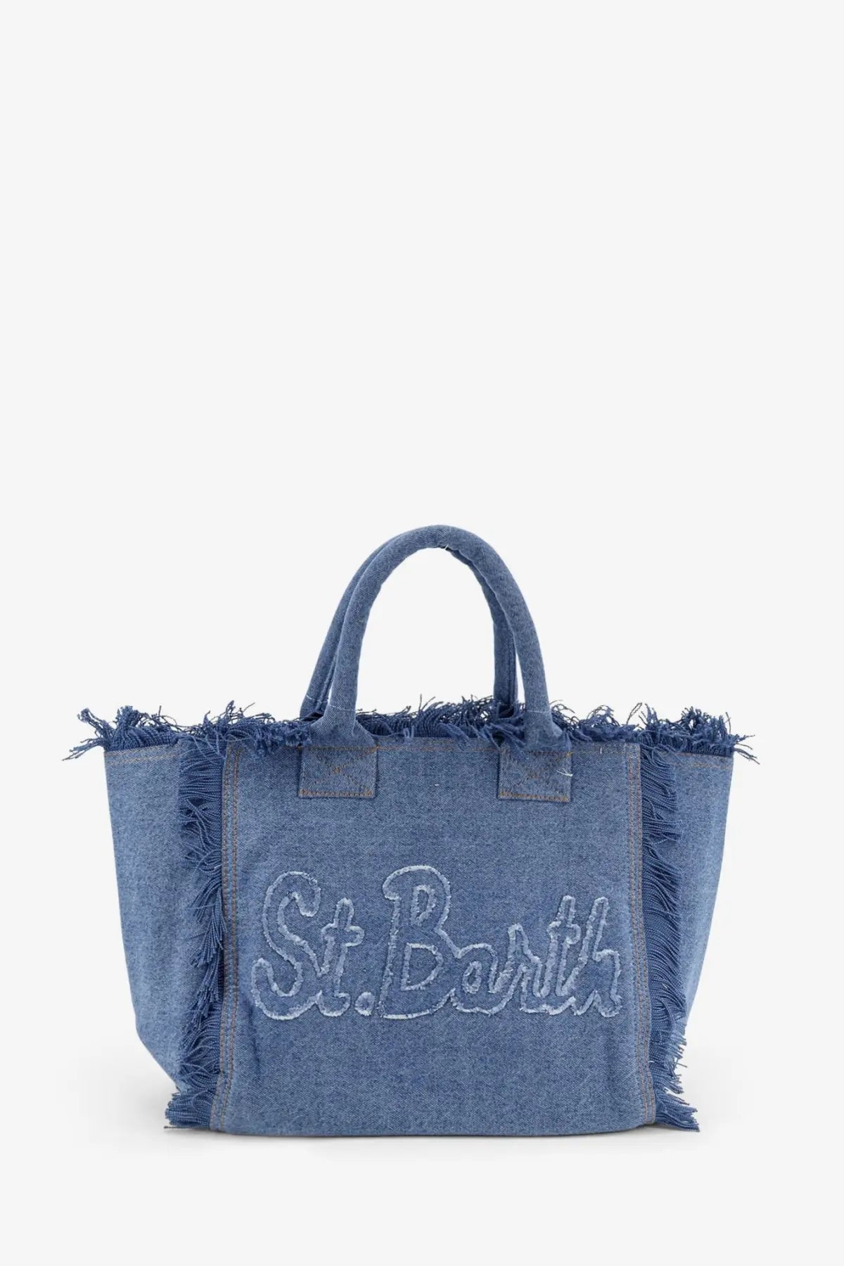 Blue denim tote bag with frayed edges and st detail from mc2 saint barth womens vanity denim shoulder bag blue