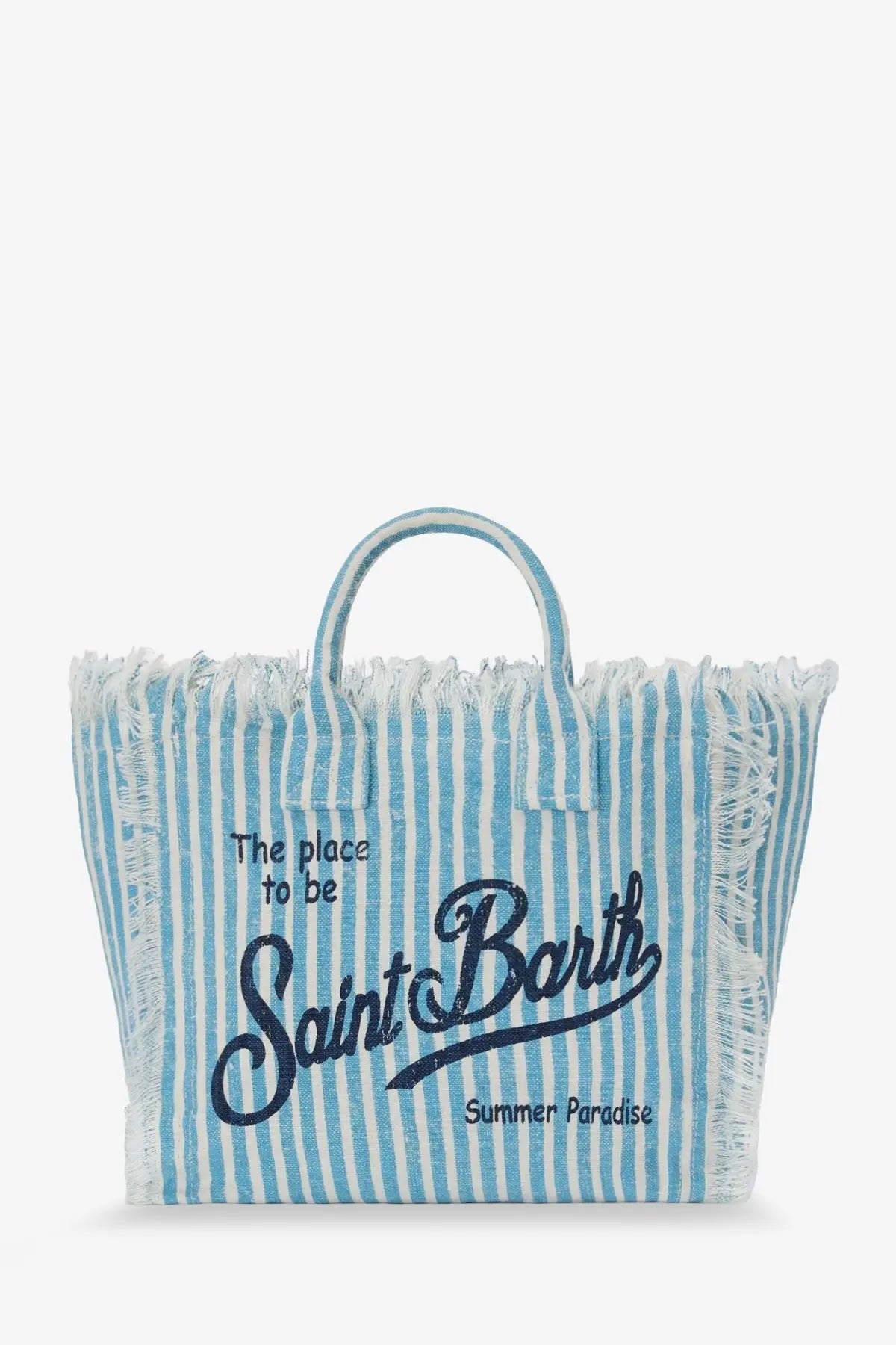 Mc2 saint barth women’s vanity linen shoulder bag blue with light blue and white stripes and navy summer paradise script