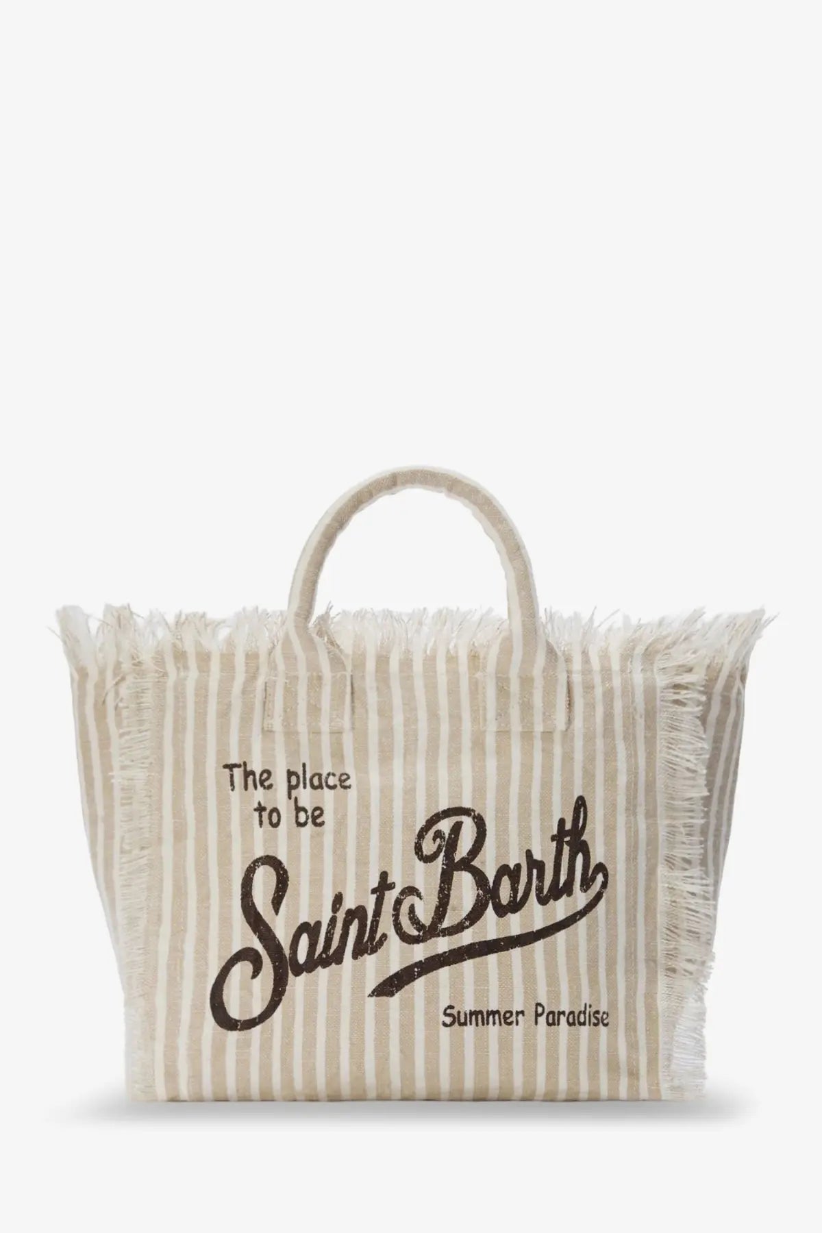 Mc2 Saint Barth women’s beige and cream striped linen tote bag with frayed edges and black saint barth summer paradise lettering